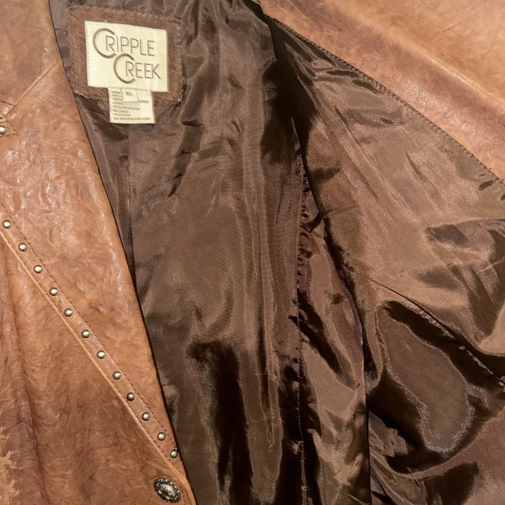 VTG Cripple Creek Western Leather Jacket Womens Studded Pebbled Rodeo Brown  XL